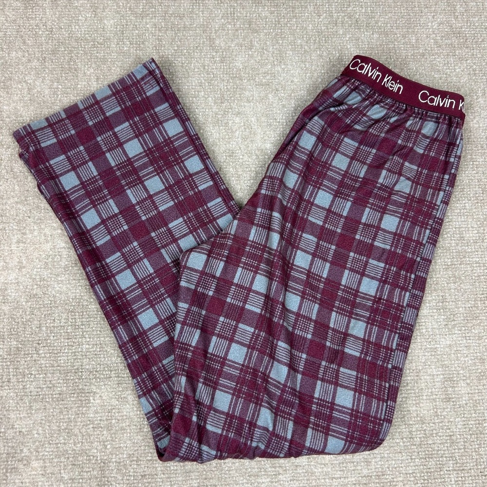 Calvin Klein Pajama Pants Boys L 10-12 Burgundy Gray Plaid Elastic Waistband